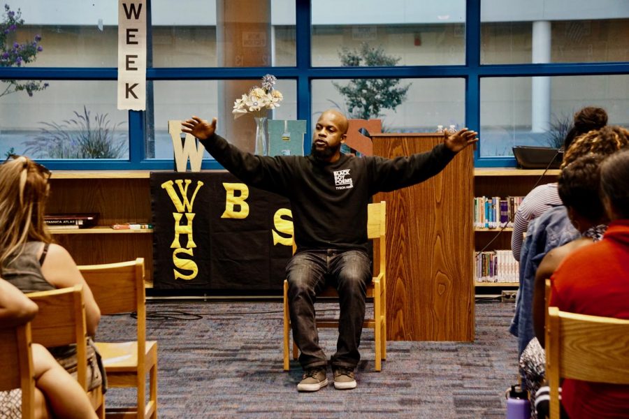 Tyson Amir empowers BSU with his poetry in the library. Photo by Jonah Guerrero. 