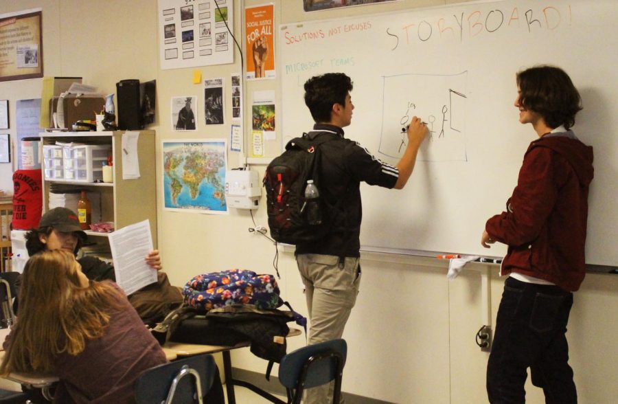 Seniors Regino Bernal and Robby Trammell sketch storyboard ideas. Photo by Cristopher Marin.