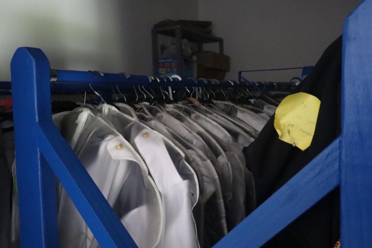 The student-built rack in K-2 holds uniforms for the Wolf Pack Marching Band. 