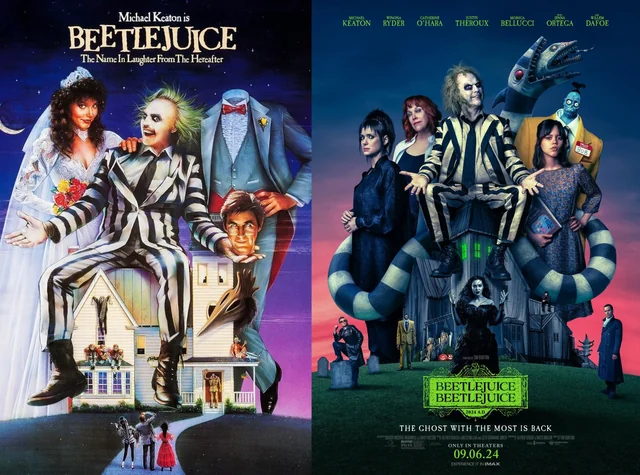 1988 Beetle Juice movie poster (left) and 2024 Beetle Juice movie poster (right)