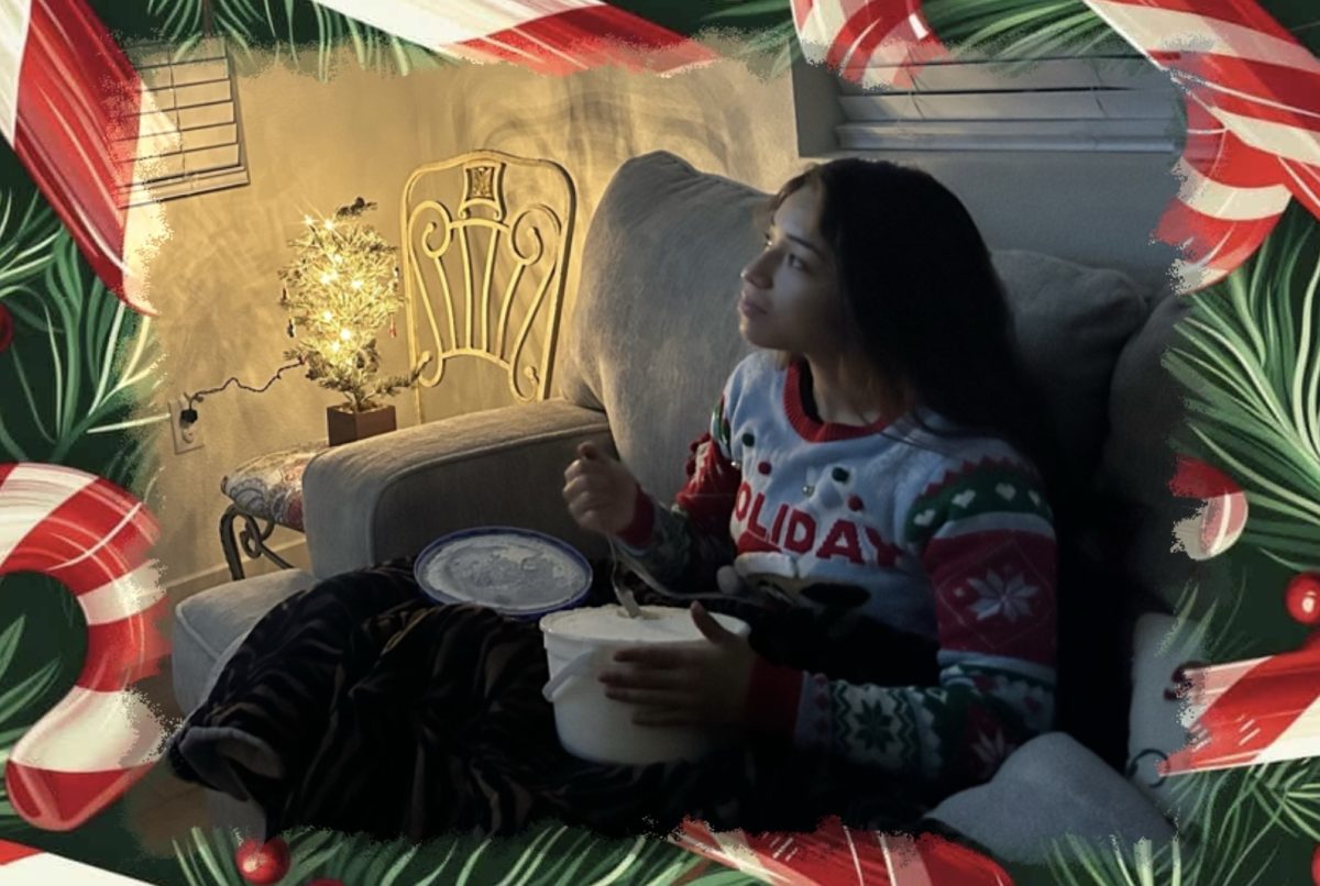 Anissia eating ice cream and watching holiday movies